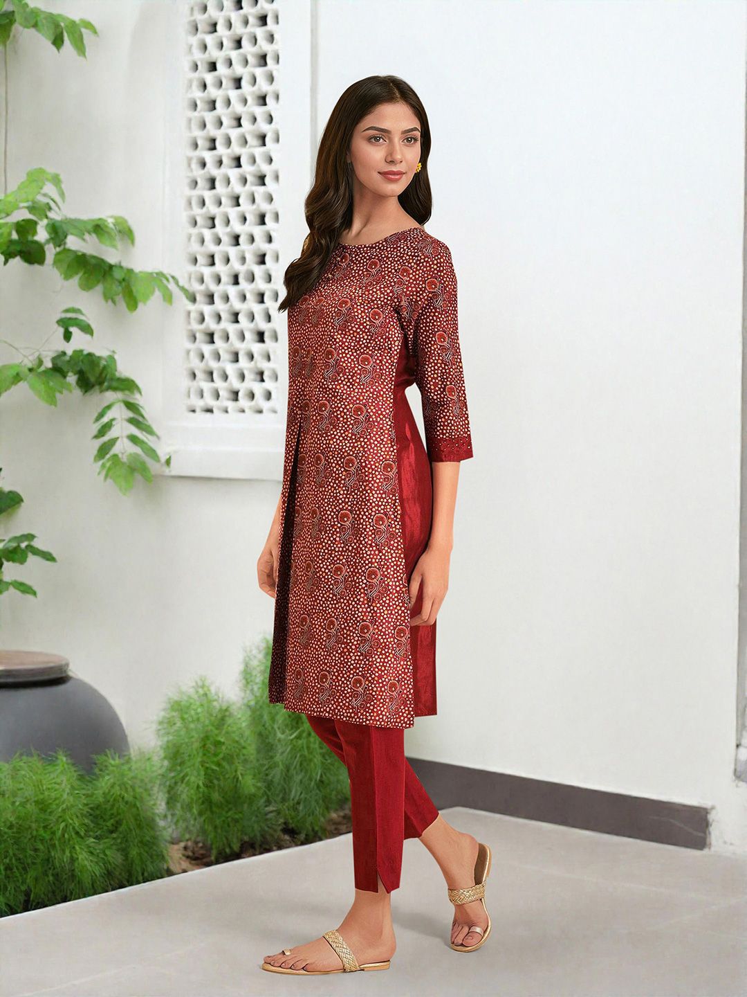 W Red Ethnic Motifs Embroidered Patchwork Kurta