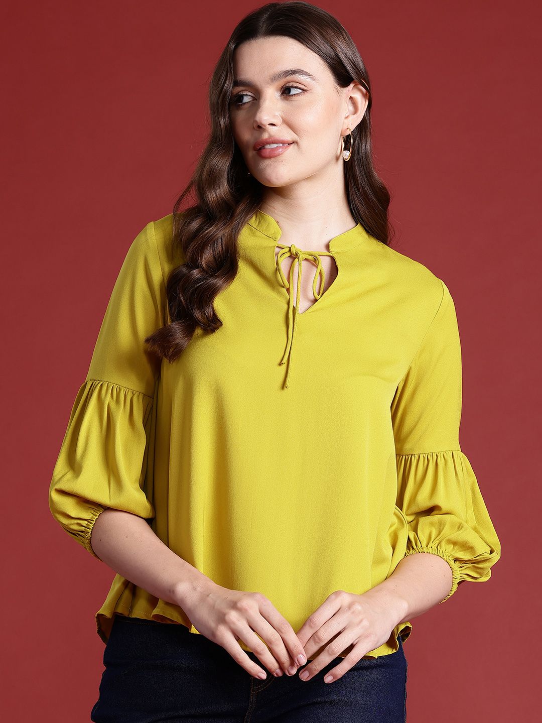all about you Tie-Up Neck Puff Sleeves Top