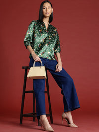 all about you Floral Print Satin Finish Mandarin Collar Puff Sleeve Top