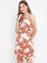 Berrylush Women Brown & White Floral Print Fit and Flare Dress