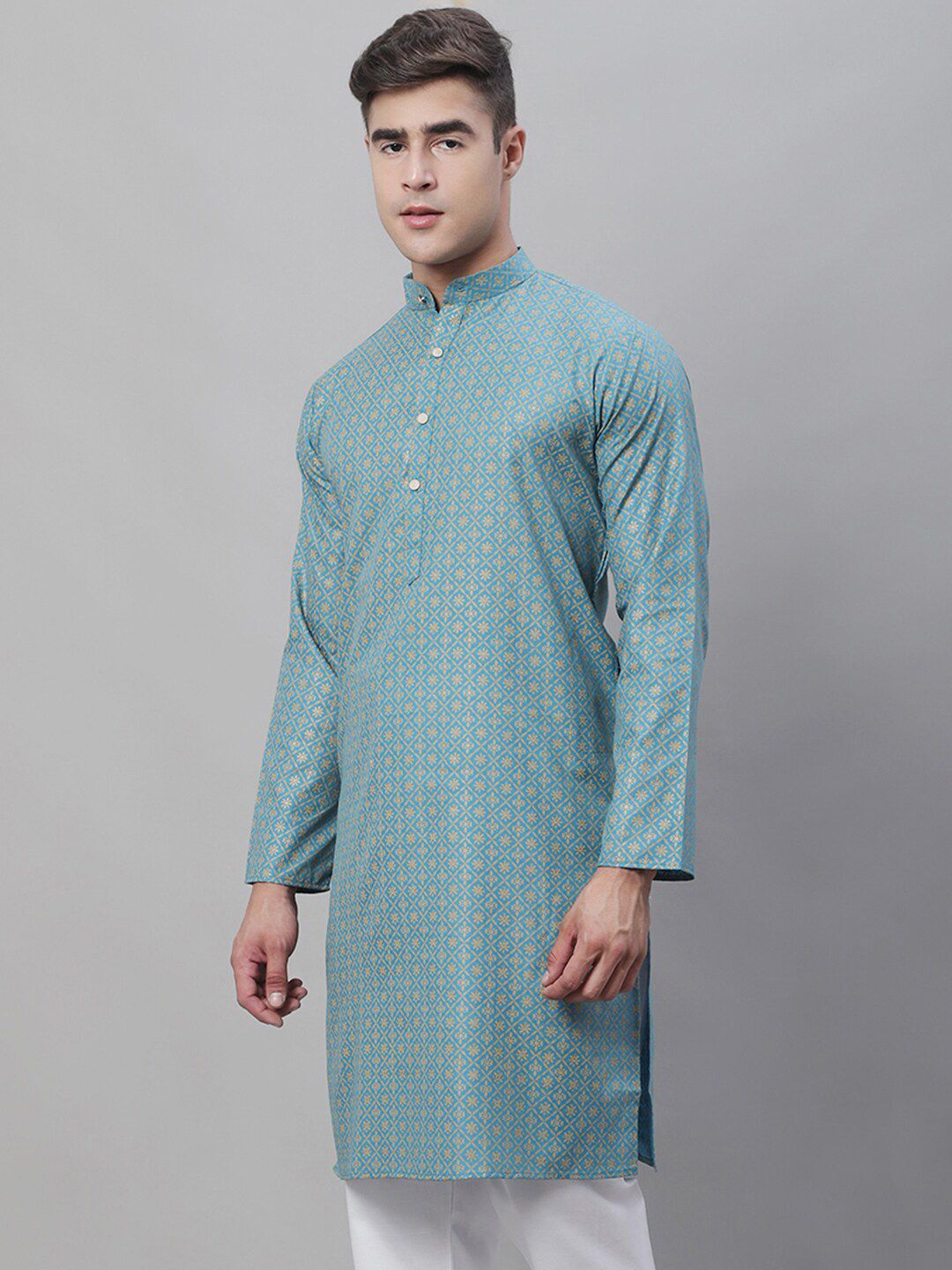 SOJANYA Floral Printed Mandarin Collar Cotton Linen Kurta