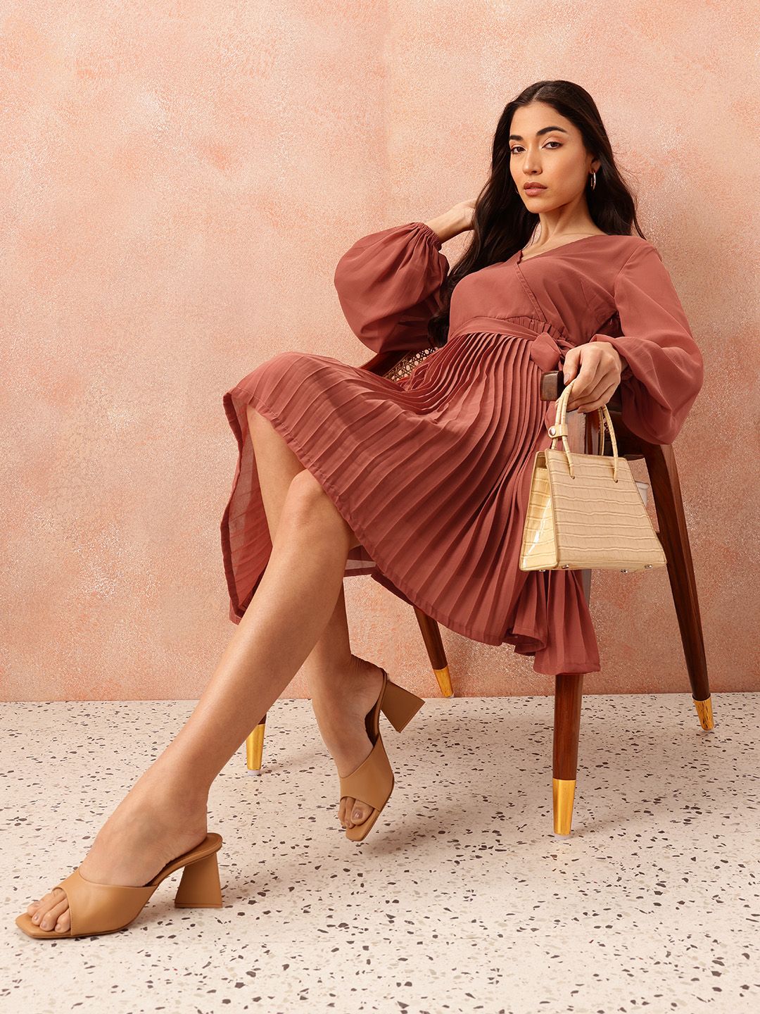 all about you Box Pleats Wrap Dress with Belt