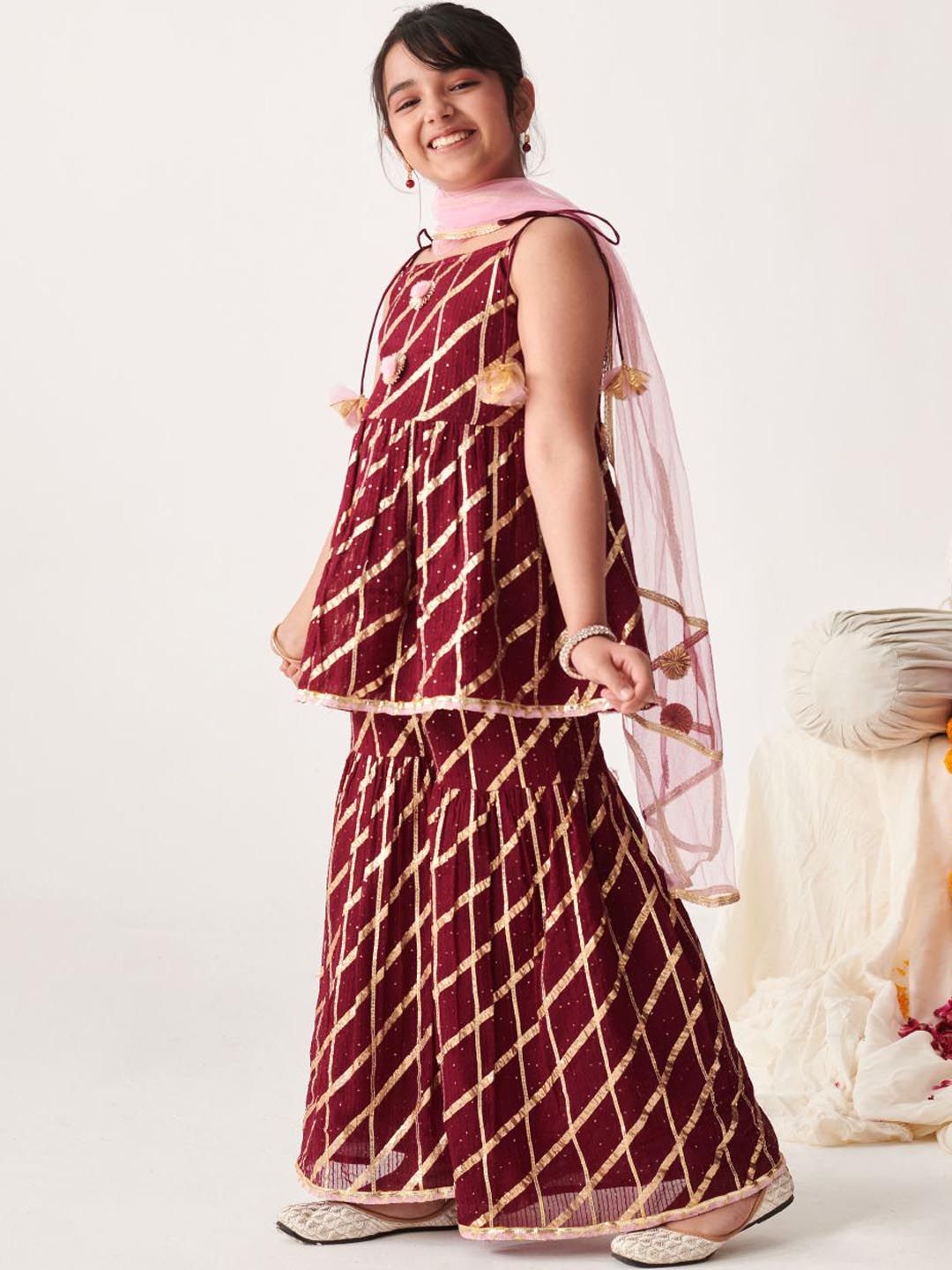 pspeaches Girls Self Design Gotta Patti Kurta Sets With Dupatta