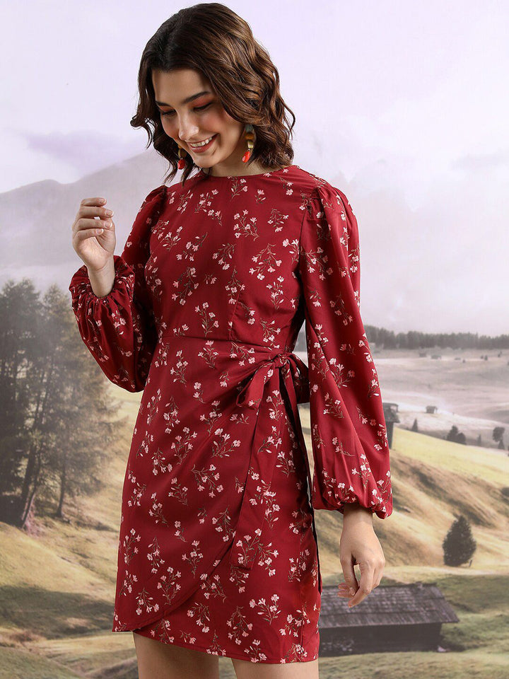 Tokyo Talkies Maroon & White Floral Printed Puff Sleeve Sheath Dress