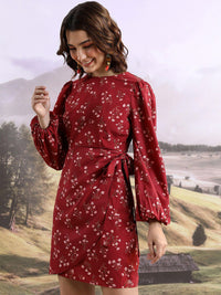 Tokyo Talkies Maroon & White Floral Printed Puff Sleeve Sheath Dress