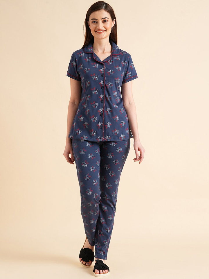 Sweet Dreams Navy Blue & Maroon Floral Printed Pure Cotton Night Suits