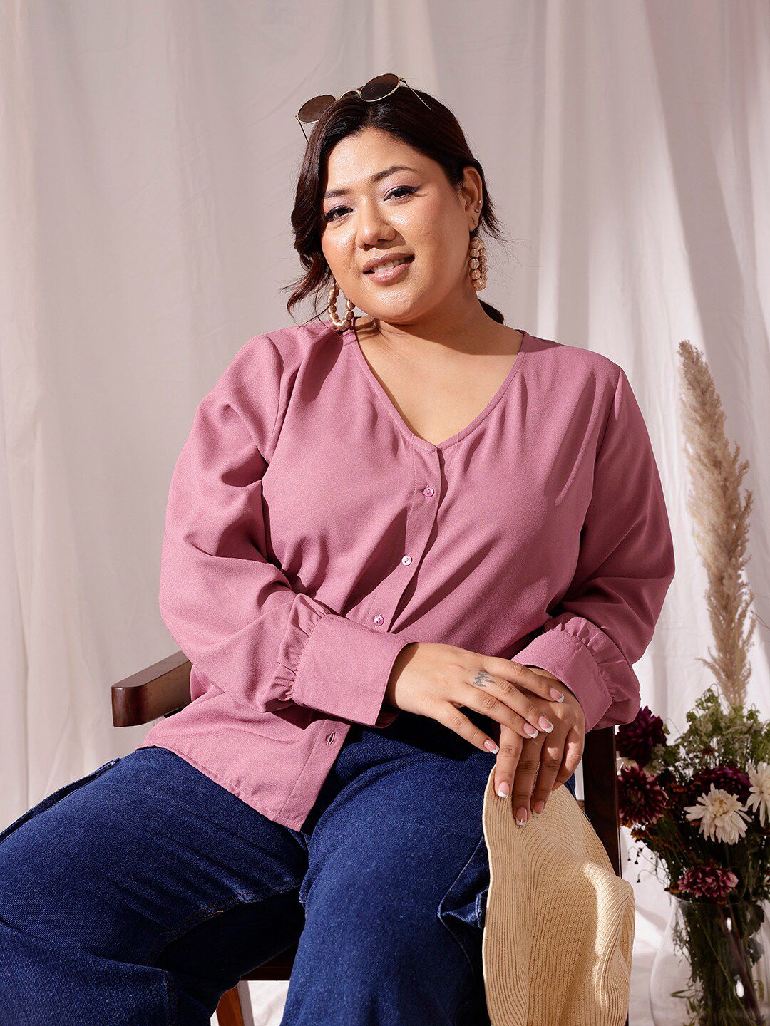 CURVY STREET Self Design Cuffed sleeves Shirt Style Top