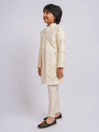 VASTRAMAY Boys Mirror Work Cotton Sherwani Over Kurta Pyjama