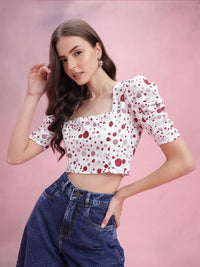 DressBerry Polka Dots Print Puff Sleeve Crop Top