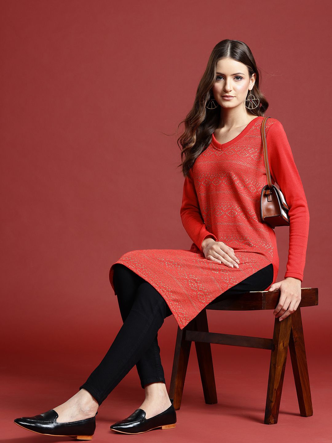 Anouk Geometric Woven Design Winter Kurta