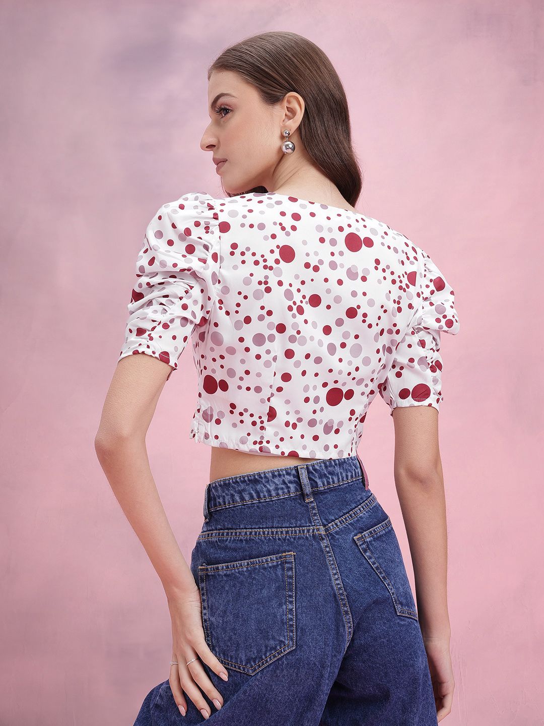 DressBerry Polka Dots Print Puff Sleeve Crop Top