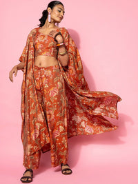Libas Floral Print Crop Top & Palazzo With Jacket