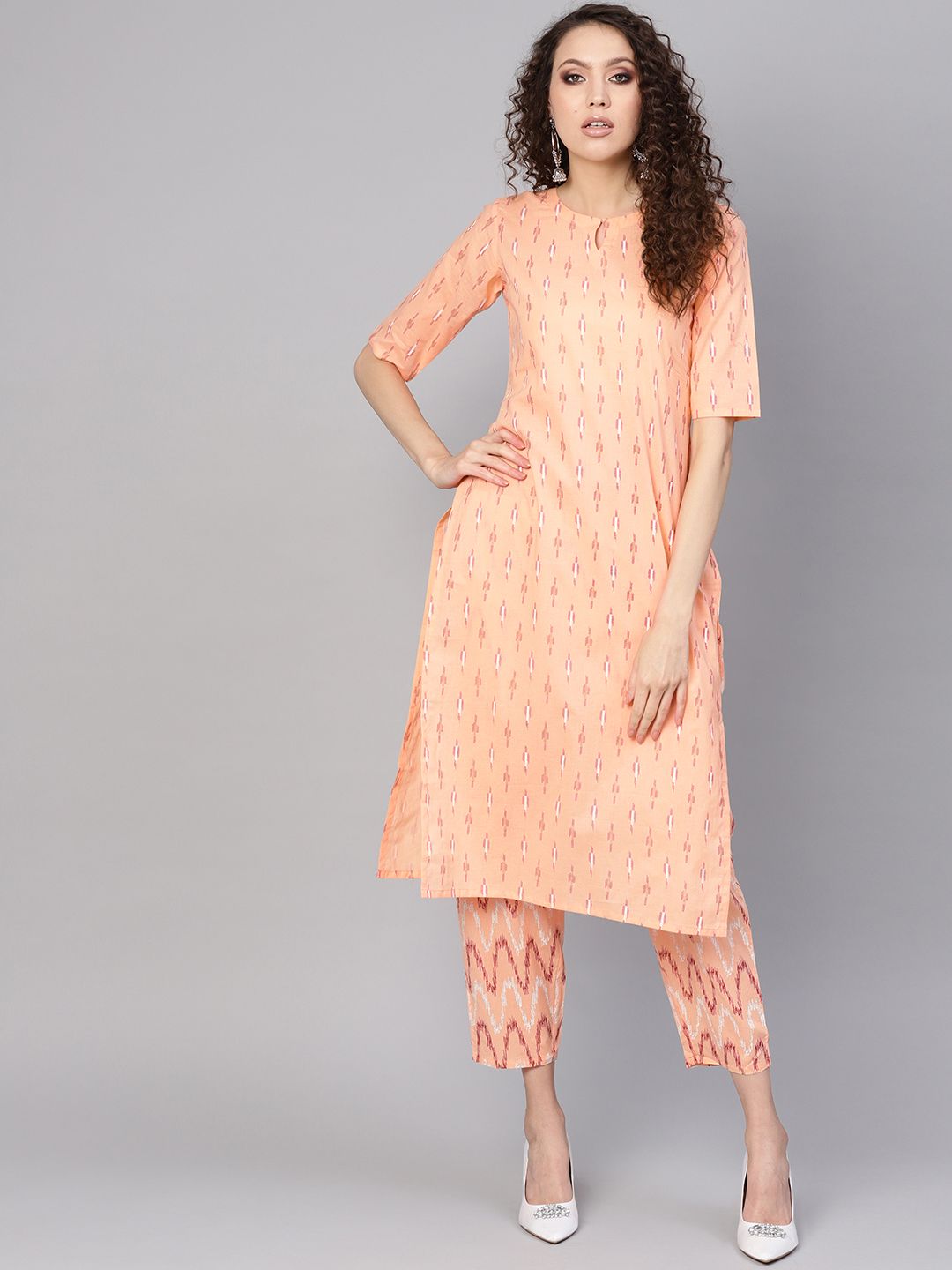 Gerua By Libas Women Peach-Coloured  Red Printed Kurta with Trousers