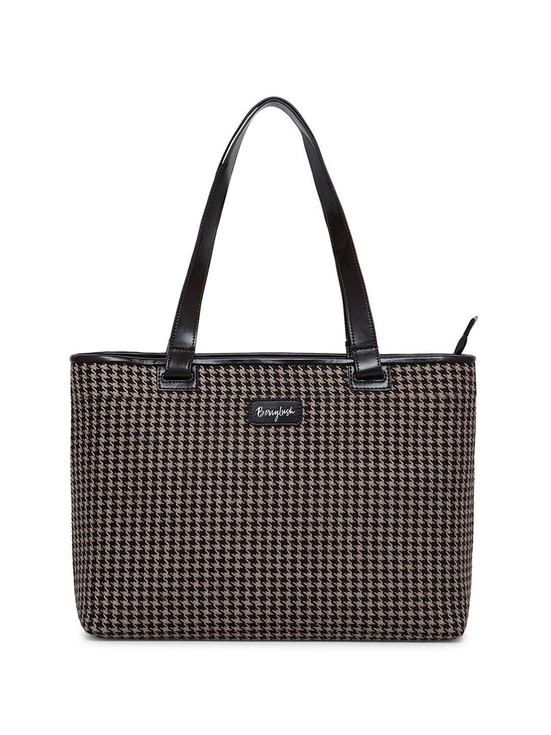Berrylush Brown Checked Structured Tote bag
