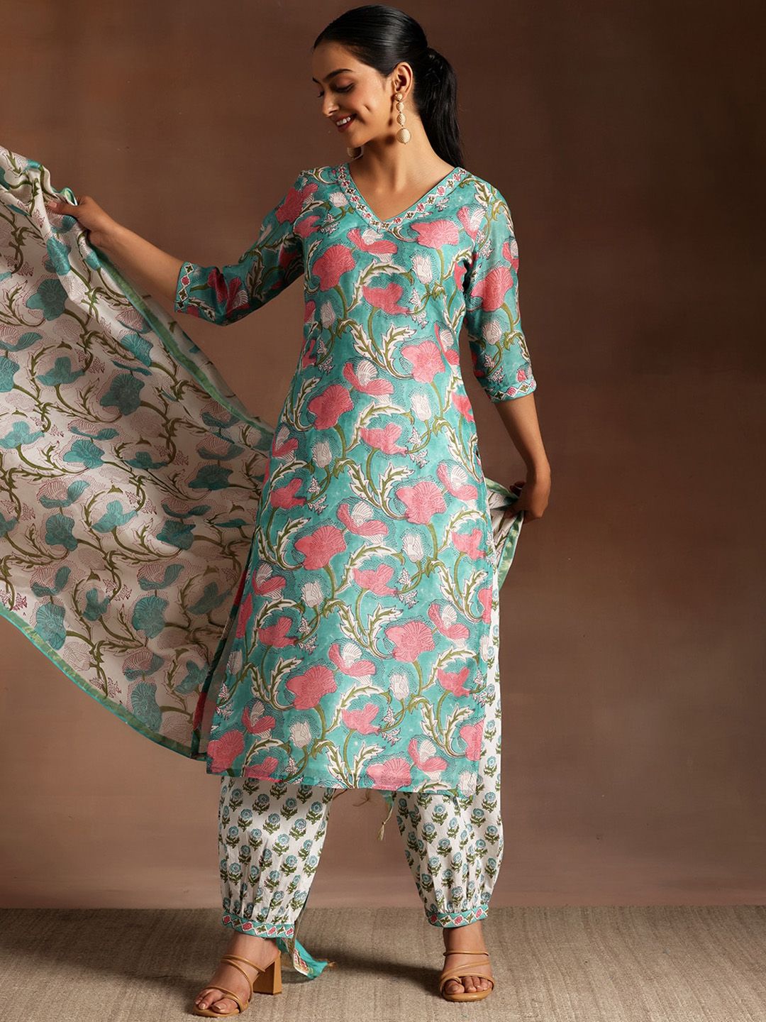 Libas Floral Printed Regular Beads and Stones Pure Cotton Kurta with Salwar & Dupatta