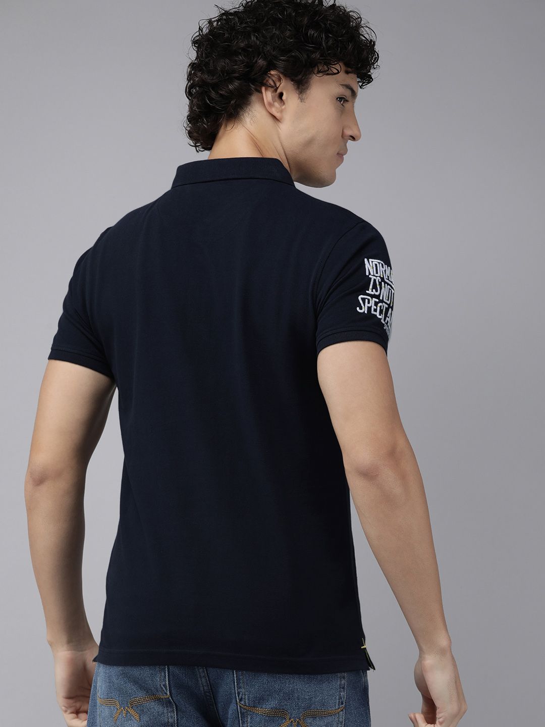 SPYKAR Men Polo Collar Indigo Pure Cotton Slim Fit T-shirt With Minimal Embroidered Detail