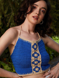 Athena Blue Self Design Halter Neck Cotton Crochet Crop Fitted Top