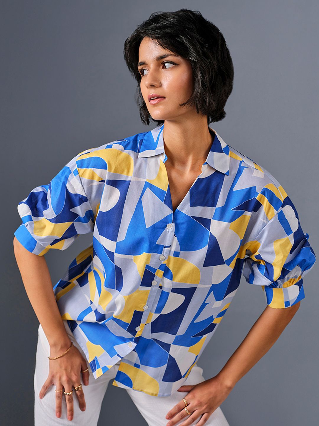AND Geometric Print Extended Sleeves Cotton Shirt Style Top