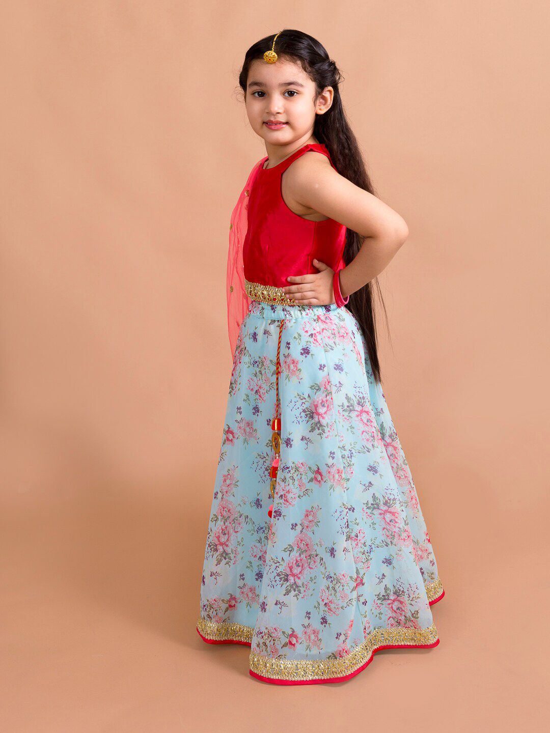 Ps Peaches Girls Red & Blue Floral Lehenga Choli Set