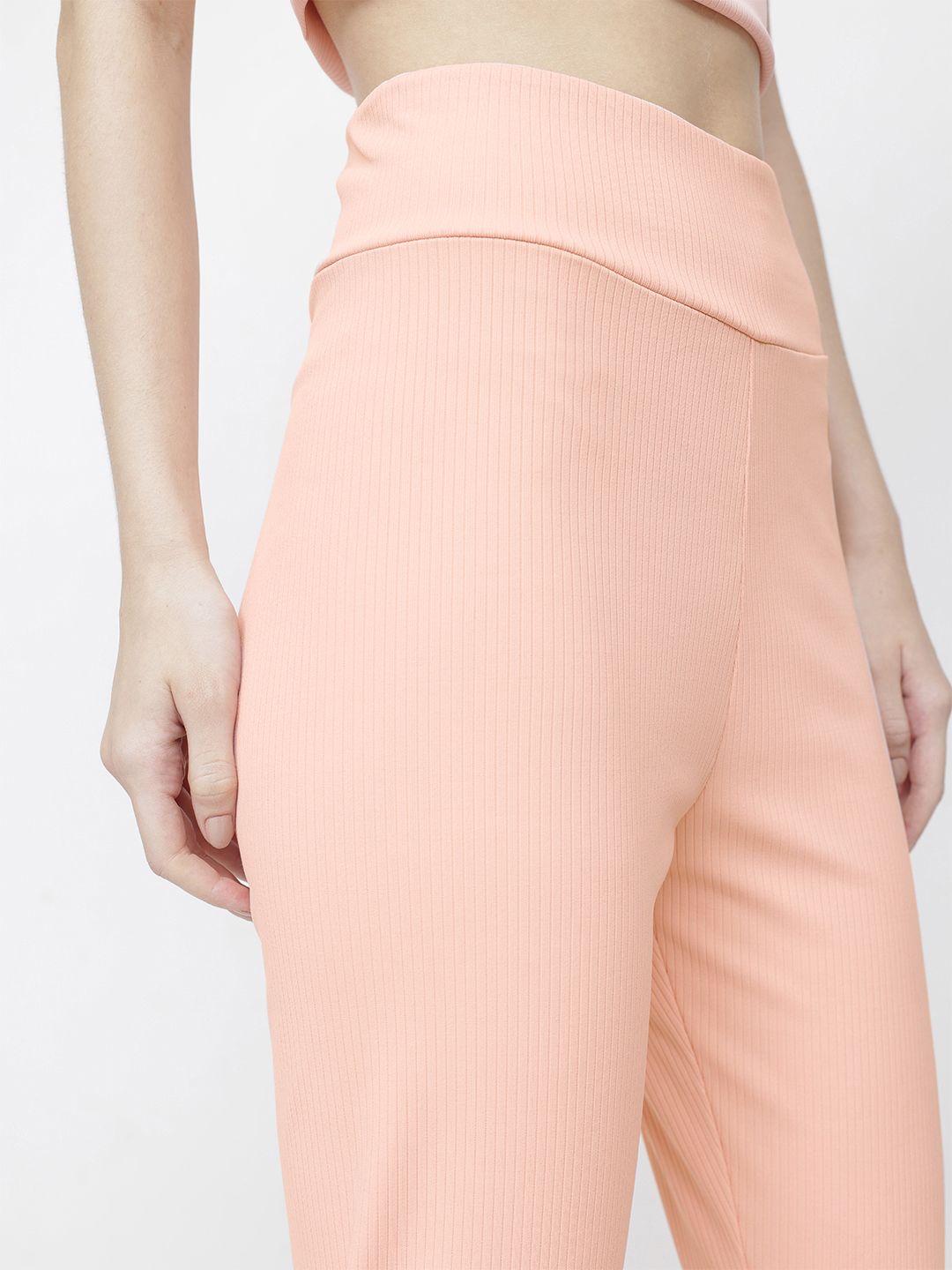 DressBerry Women Peach Fuss Ribbed Staple Trouser