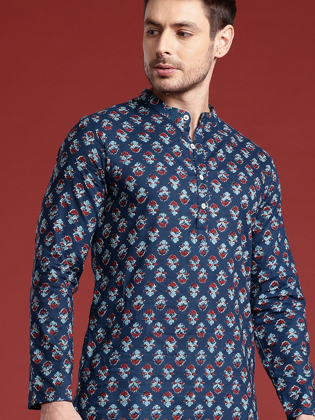 Anouk Mandarin Collar Indie Floral Printed Pure Cotton Kurta