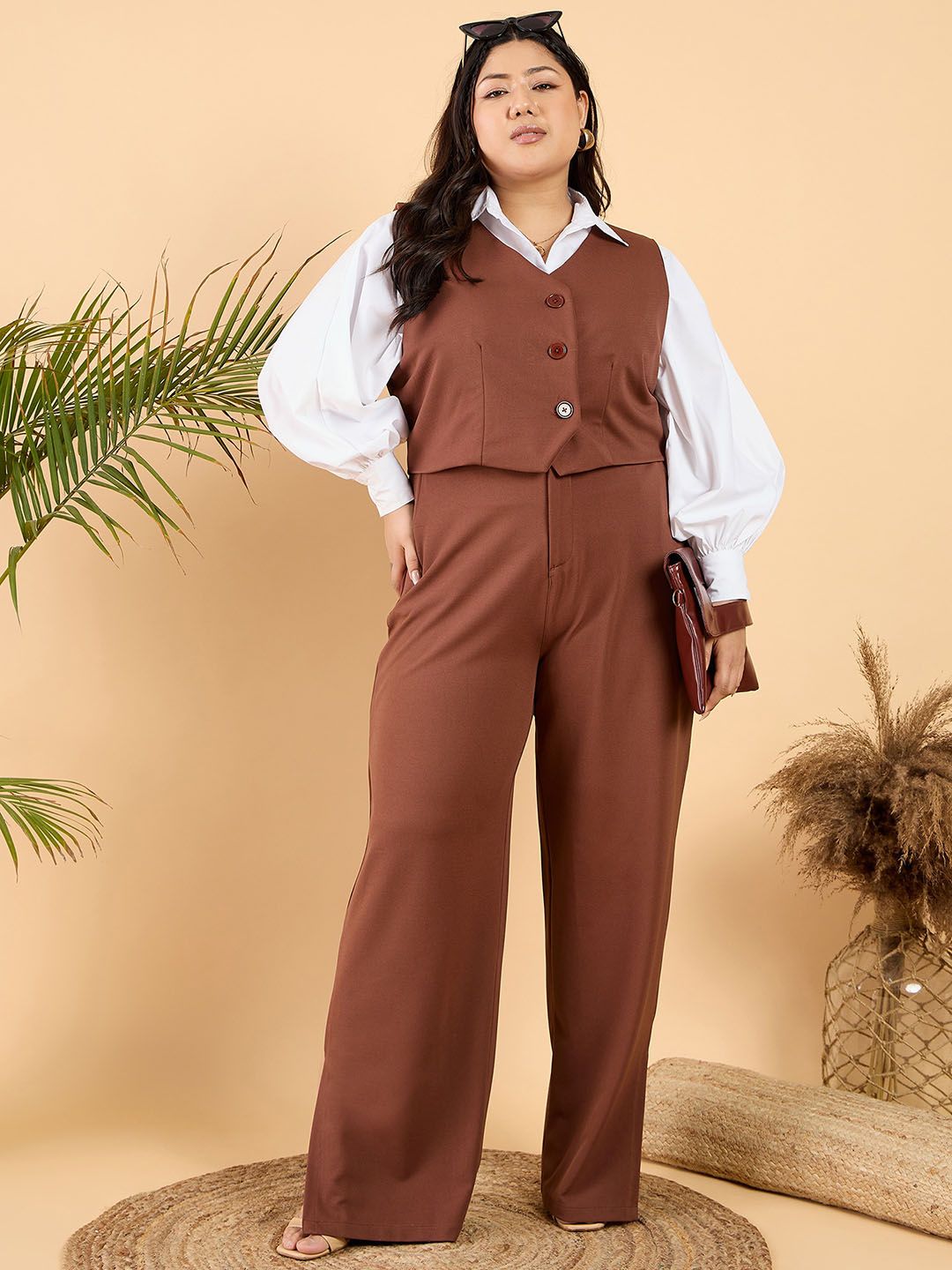 CURVY STREET Plus Size Brown V-Neck Waistcoat