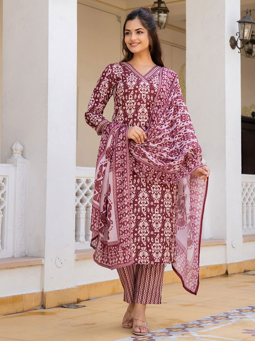 KALINI Ethnic Motifs Printed Straight Kurta with Trousers & Dupatta