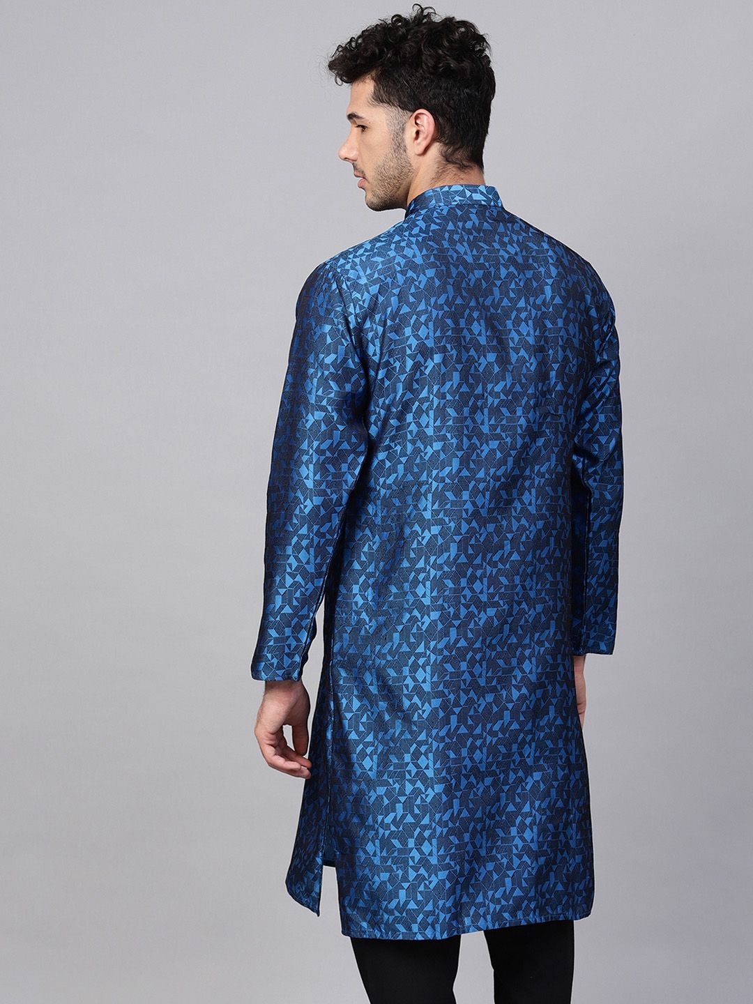 SOJANYA Lelaki Biru & Hitam Rekaan Tenun Kurta Lurus