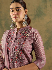 Indo Era Floral Printed Thread Work Chanderi Silk Straight Kurta with Trouser & Dupatta