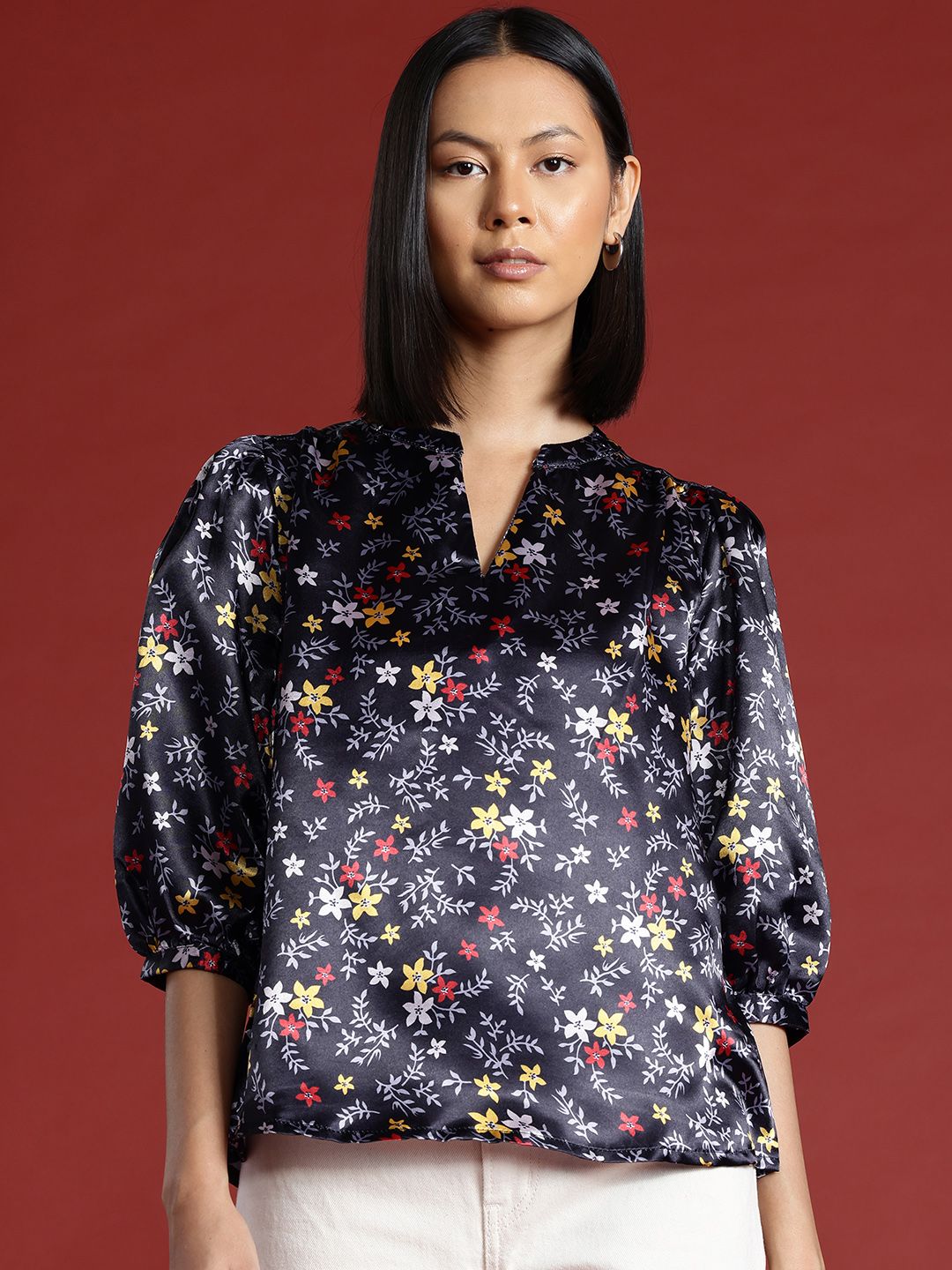 all about you Floral Print Satin Finish Mandarin Collar Puff Sleeve Top