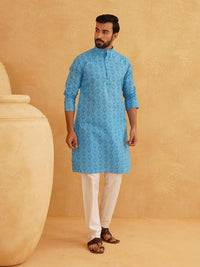 SOJANYA Men Blue & White Ethnic Motifs Cotton Linen Printed Kurta