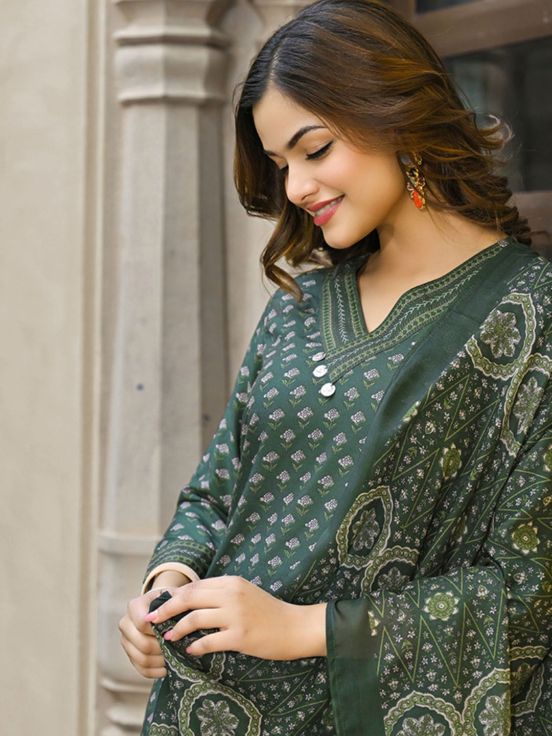 KALINI Floral Printed V-Neck Straight Kurta With Trousers & Dupatta