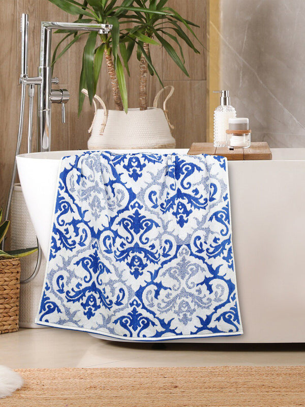 MYTRIDENT White & Blue Ethnic Motifs Printed Cotton 500 GSM Bath Towel