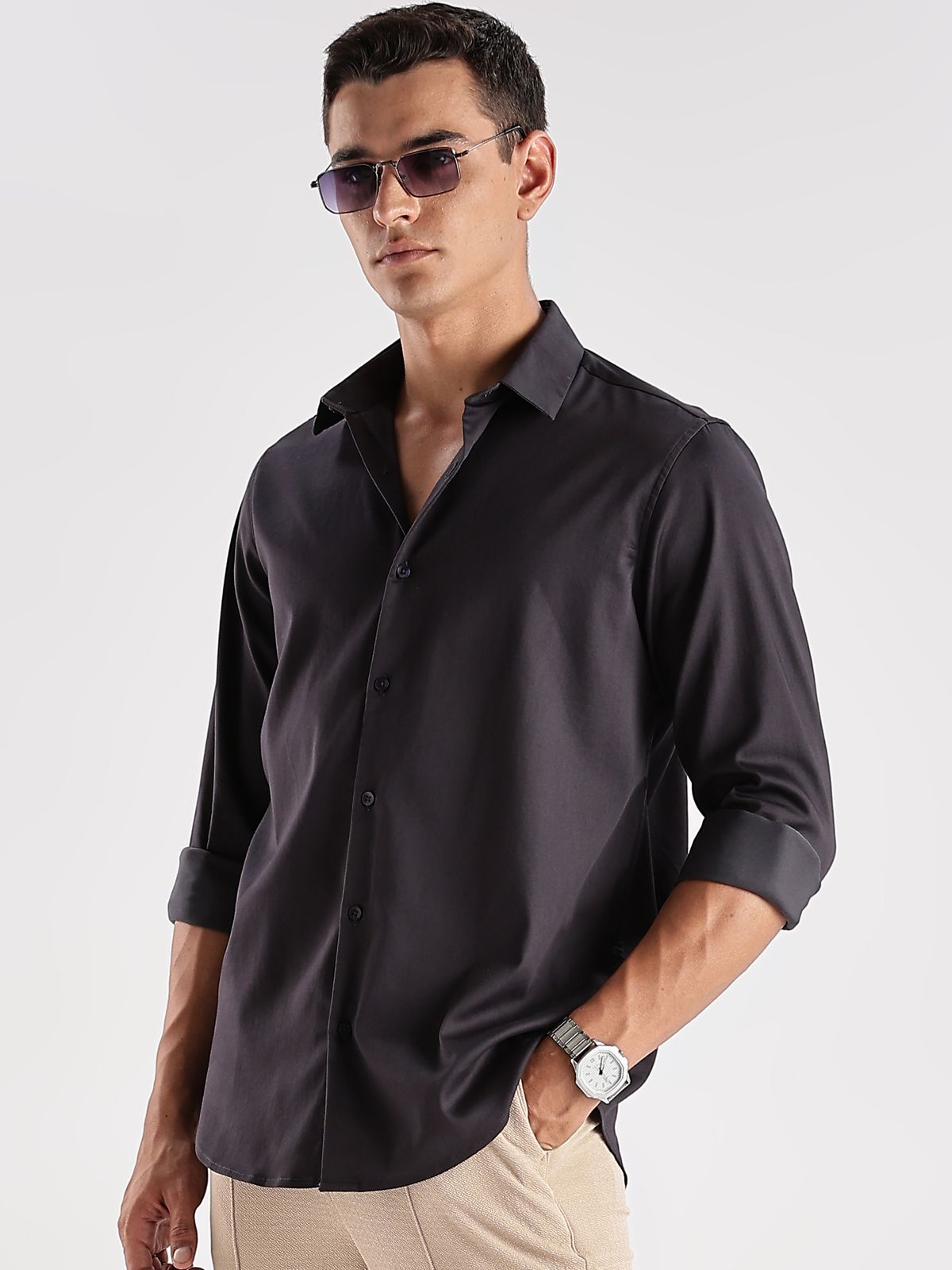 Baju Kasual Satin Pejal ADRO Lelaki Slim Fit