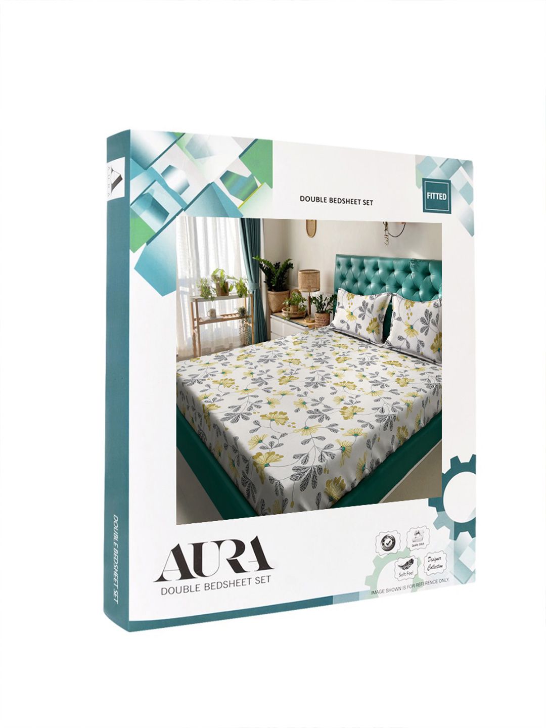 Aura White & Yellow Floral Printed 300 TC Fitted King Bedsheet Set 2.5 x 2.25 m
