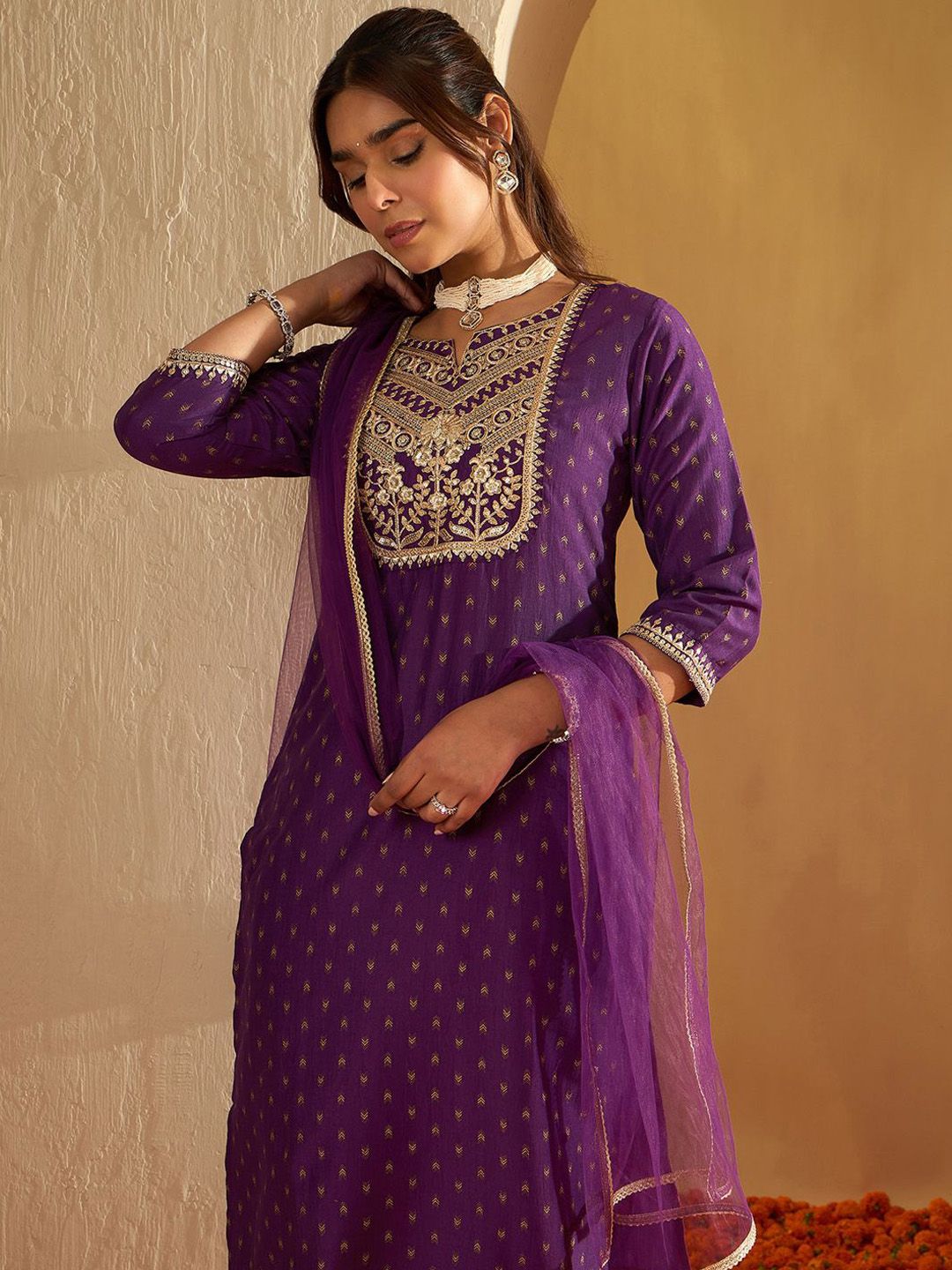 Indo Era Ethnic Motifs Printed Straight Sequinned Kurta with Trousers & Dupatta