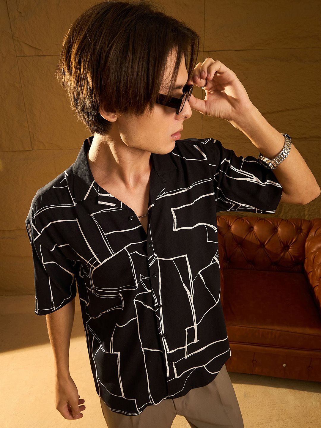 DENNISON Baju Bersaiz Besar Bahu Drop Printed Abstrak