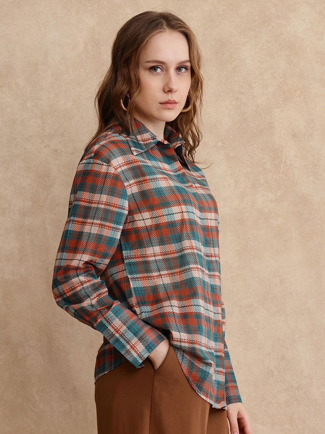 RAREISM Women Comfort Spread Collar Checked Casual Shirt