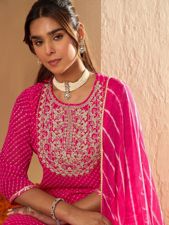 Indo Era Leheriya Printed Sequinned Straight Georgette Kurta with Trousers & Dupatta