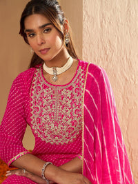 Indo Era Leheriya Printed Sequinned Straight Georgette Kurta with Trousers & Dupatta