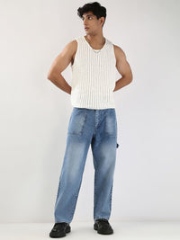 Urbano Fashion Men Light Blue Loose Baggy Fit Carpenter Cargo Jeans