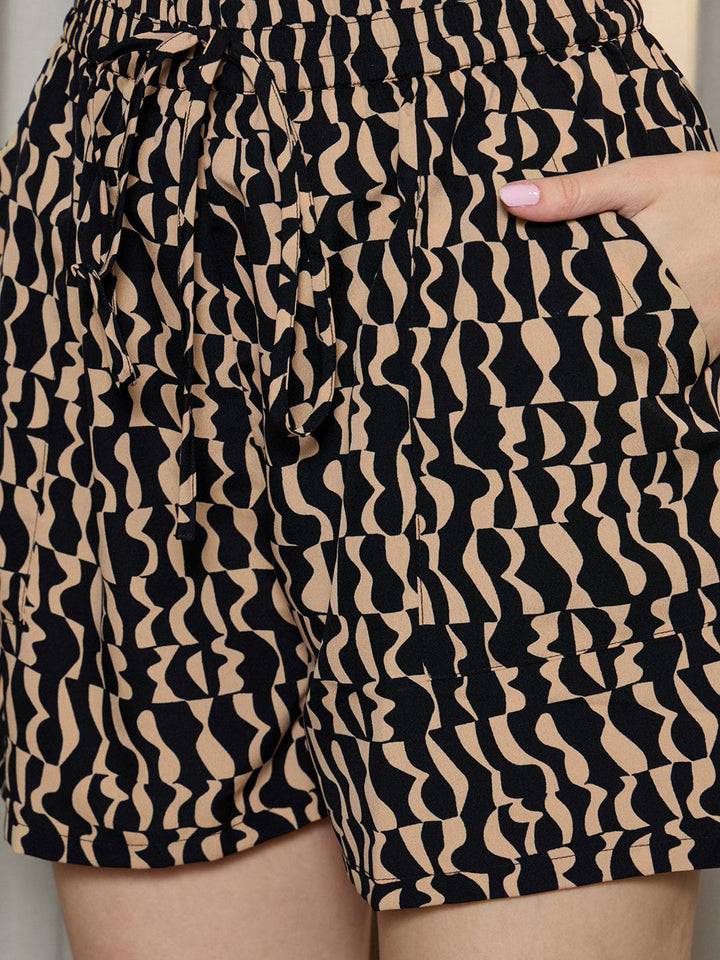 Berrylush Black Abstract Printed Longline Shirt With Mini Shorts