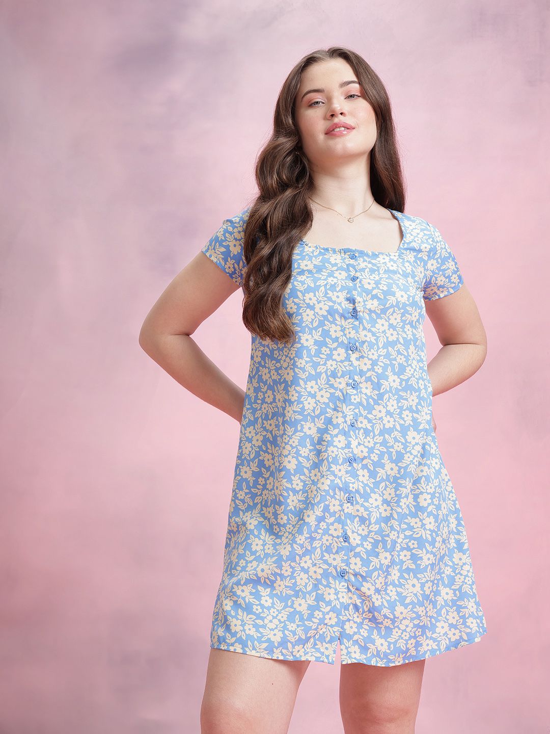 DressBerry Floral Print Square Neck Button-Up A-Line Dress
