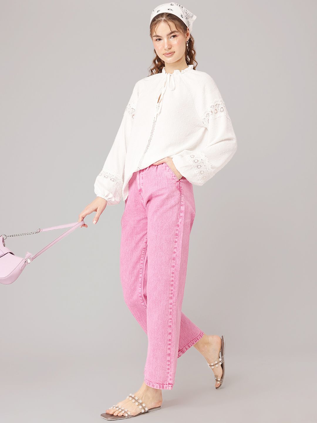 DressBerry Lace Tempt Tie-Up Neck Dobby Weave Top