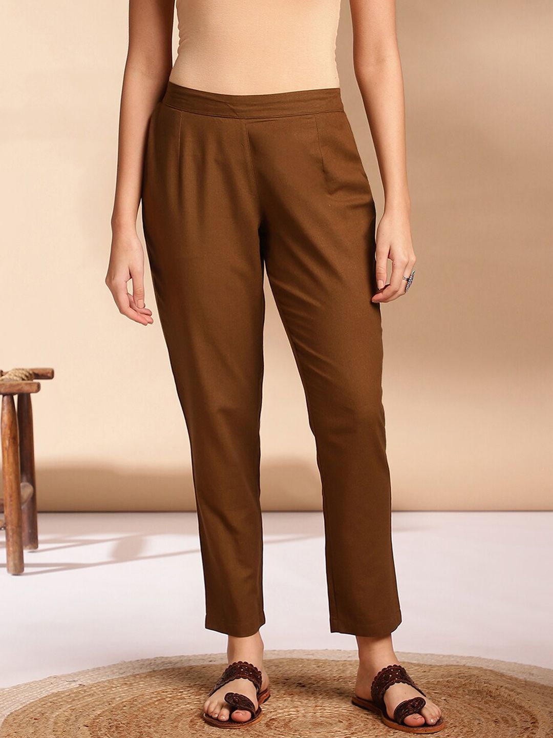 Anouk Olive Round Neck Straight Curved Pleated Kurta With Trouser