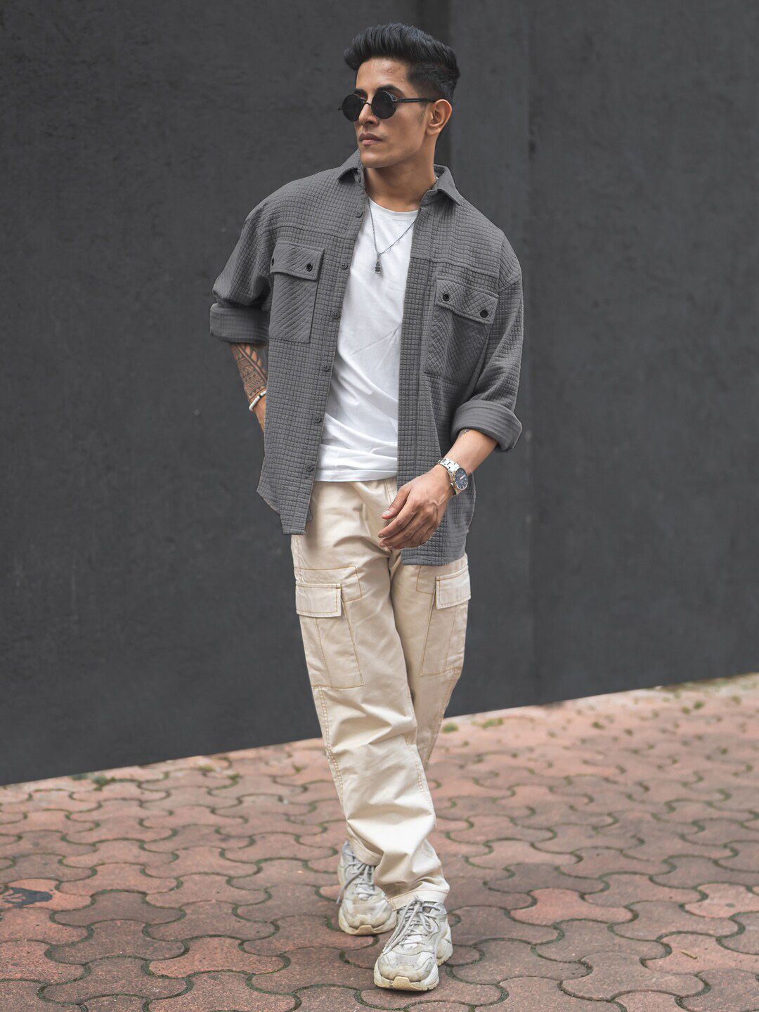 Powerlook India Slim Oversized Textured Self Design Spread Collar Knitted Casual Shirt