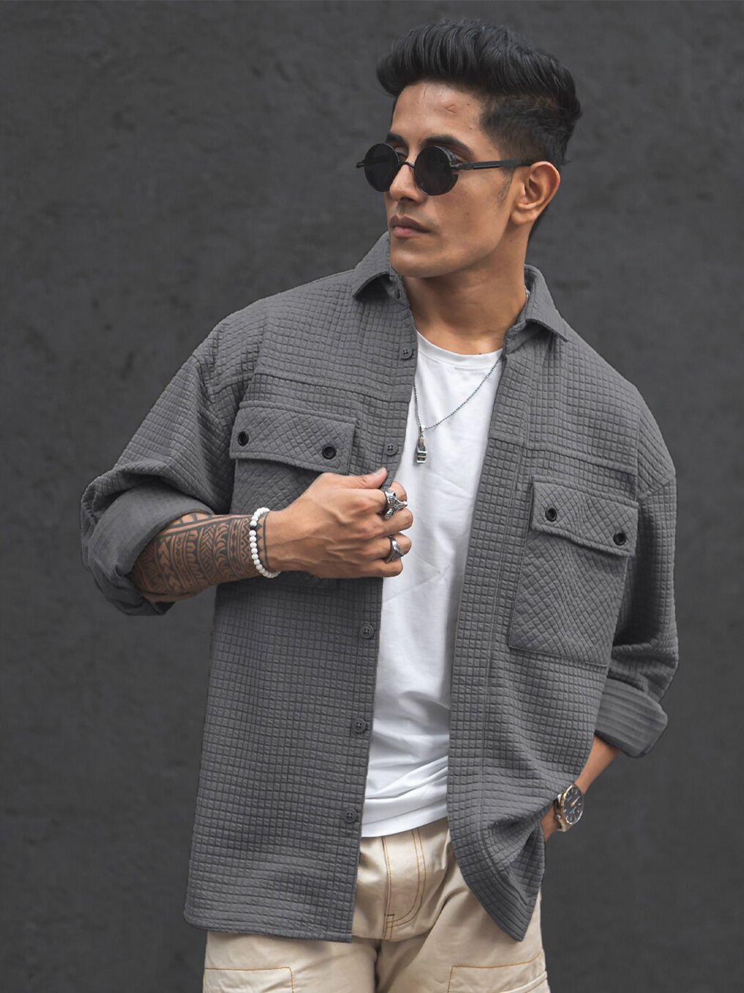 Powerlook India Slim Oversized Textured Self Design Spread Collar Knitted Casual Shirt