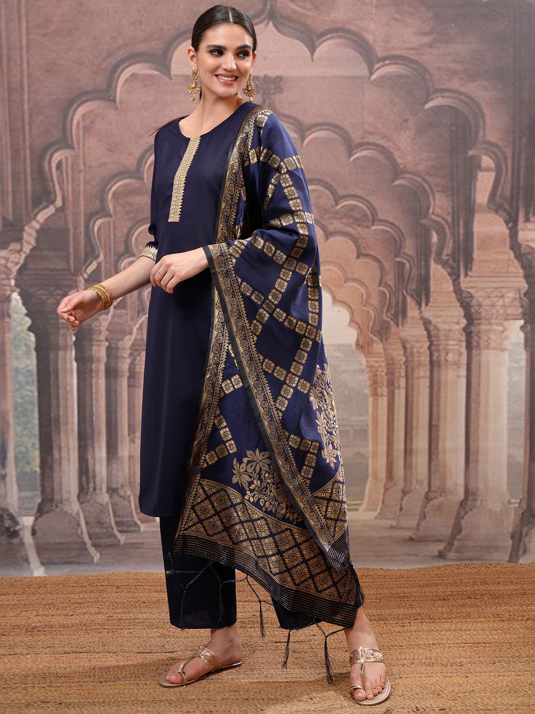 Vishudh Navy Blue Mirror Work Zari Straight Kurta with Palazzo & Dupatta