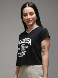 DILLINGER Women Regular Fit Cropped V-Neck Varsity Printed Tshirt