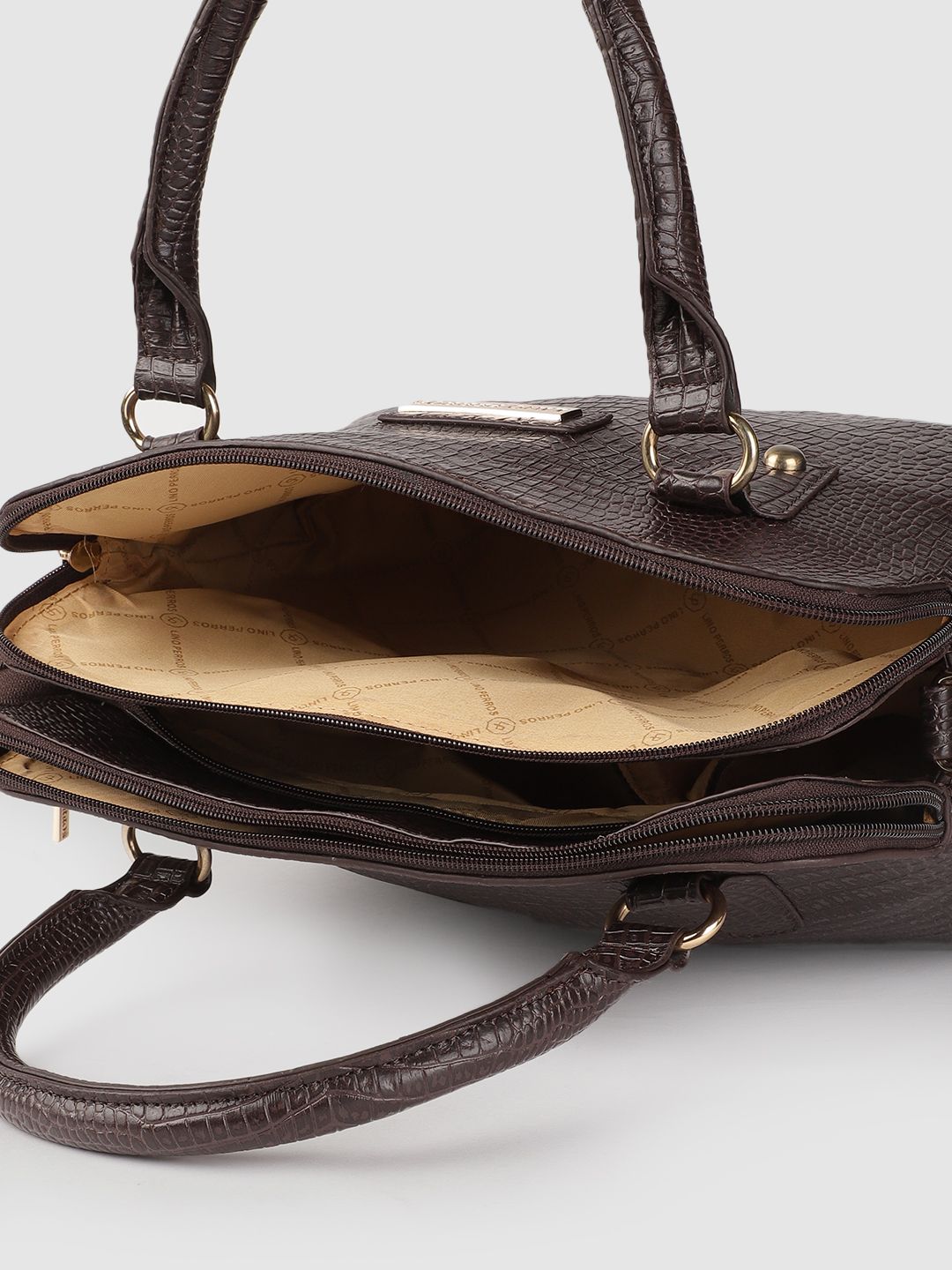 Lino Perros Women Coffee Brown Croc-Textured Structured Handheld Bag
